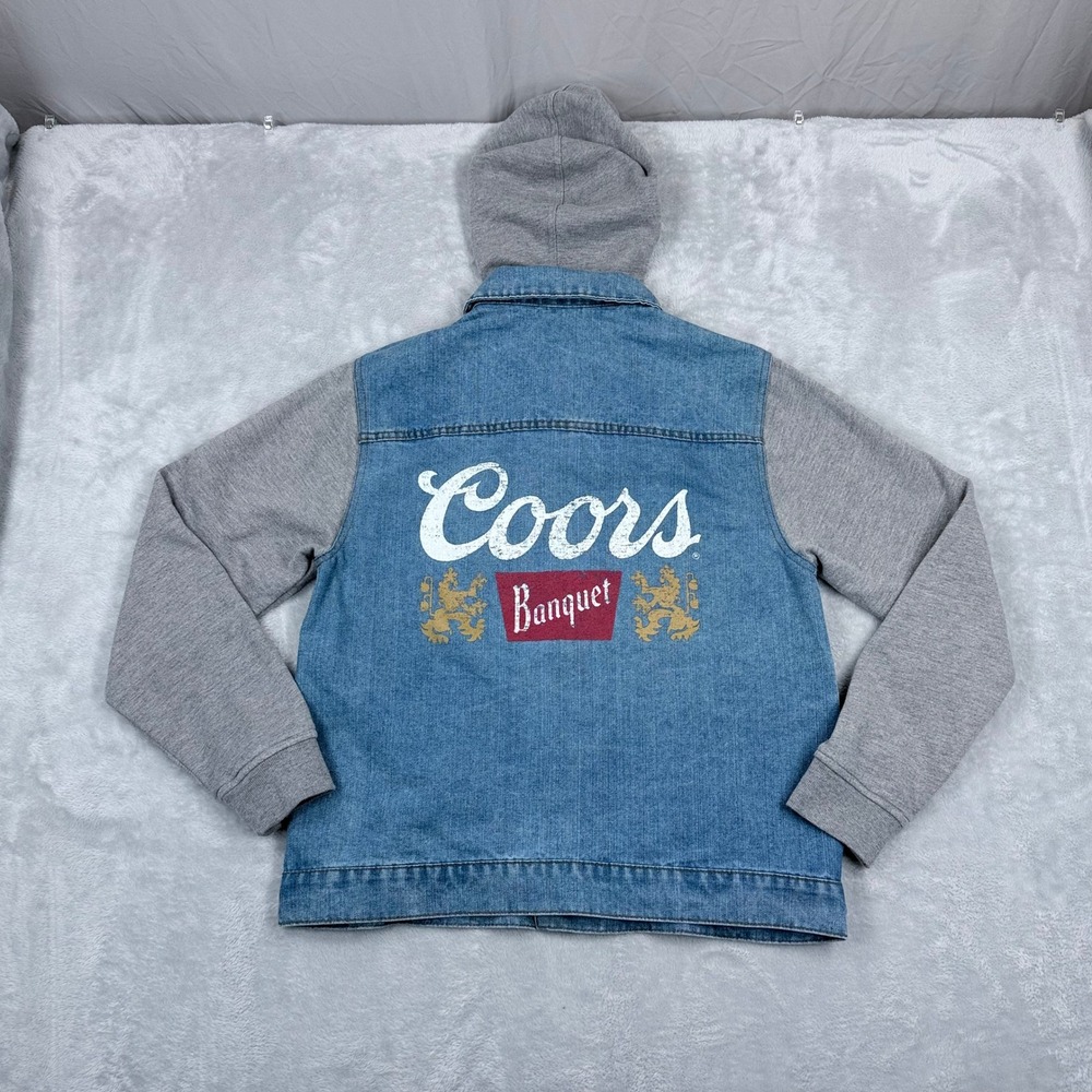 Coors Banquet Denim Hooded‎ Jacket Mens Medium Blue Grey Hybrid Beer Bar Grunge